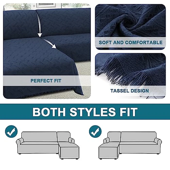 Turquoize Sectional L Shape Couch Covers Couch Cover Blanket Sofa Slipcover Washable 2 Pieces Furniture Protector for Pets Geometrical Woven Jacquard Fabric (Chaise/3 Seats, Navy) by Turquoize - Image 4