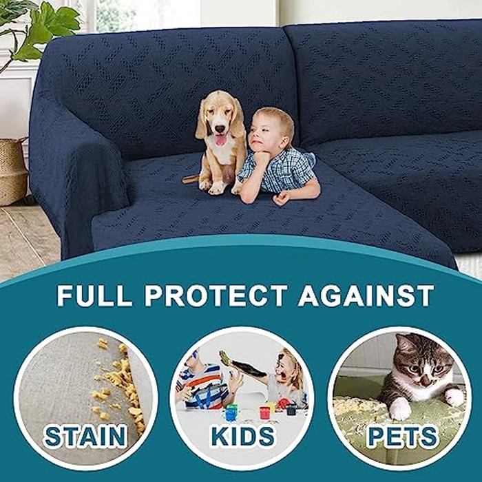 Turquoize Sectional L Shape Couch Covers Couch Cover Blanket Sofa Slipcover Washable 2 Pieces Furniture Protector for Pets Geometrical Woven Jacquard Fabric (Chaise/3 Seats, Navy) by Turquoize - Image 7