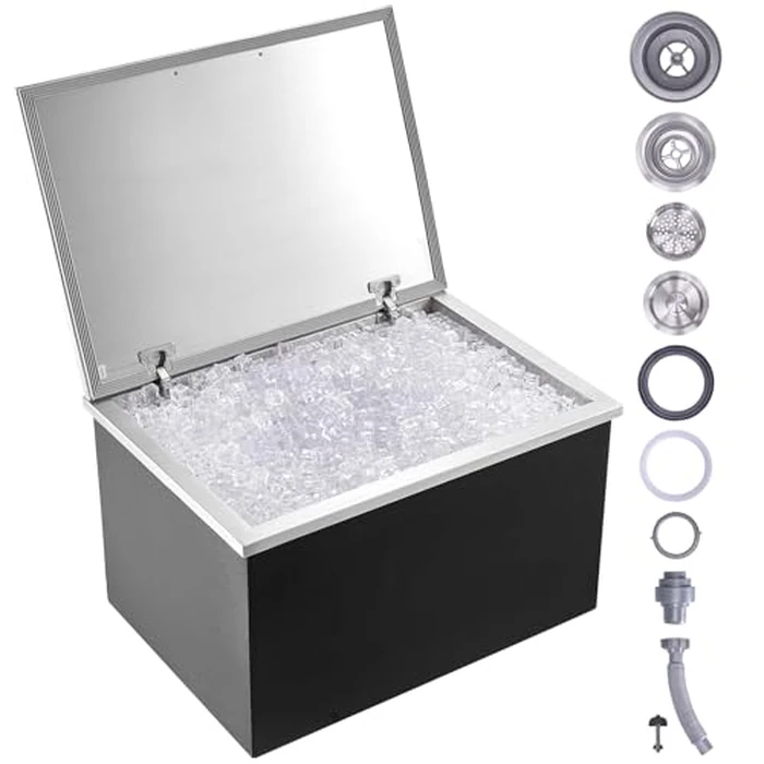 VEVOR Drop in Ice Chest, 28" L x 20" W x 17" H Stainless Steel Ice Cooler, Commercial Ice Bin with Hinged Cover, 114 qt Outdoor Kitchen Ice Bar, Drain-Pipe and Drain Plug Included, for Cold Wine Beer by VEVOR - Used - Like New condition