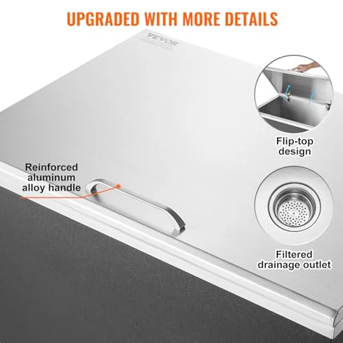 VEVOR Drop in Ice Chest, 28" L x 20" W x 17" H Stainless Steel Ice Cooler, Commercial Ice Bin with Hinged Cover, 114 qt Outdoor Kitchen Ice Bar, Drain-Pipe and Drain Plug Included, for Cold Wine Beer by VEVOR - Image 5