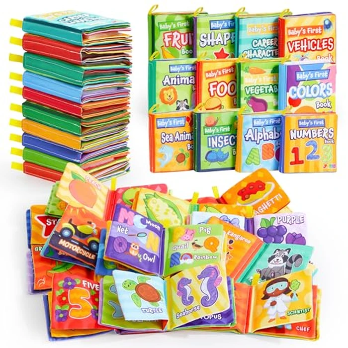 JOYIN 12 Pcs Bath Books, Nontoxic Fabric Soft Crinkly Cloth Books, Waterproof, Bathtub Pool and Early Education First Toys for Infant Newborn Baby Toddlers Kids Birthday Easter Gifts by JOYIN - Image 1