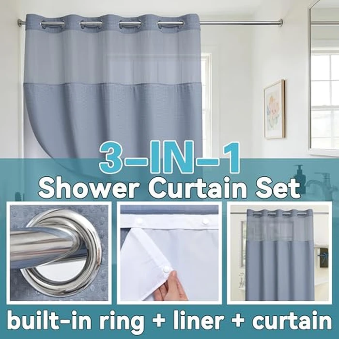 Conbo Mio Waffle Weave Hotel Style Shower Curtain with Snap in Liner for Bathroom Waterproof Machine Washable Shower Curtain (Waffle-Grey, 71" W x 74" H) by Conbo Mio - Image 3