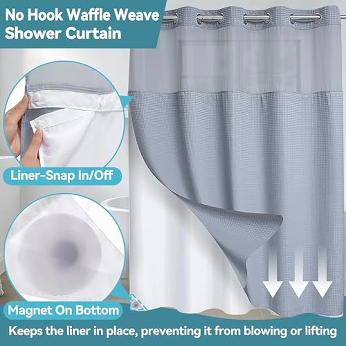 Conbo Mio Waffle Weave Hotel Style Shower Curtain with Snap in Liner for Bathroom Waterproof Machine Washable Shower Curtain (Waffle-Grey, 71" W x 74" H) by Conbo Mio - Image 6