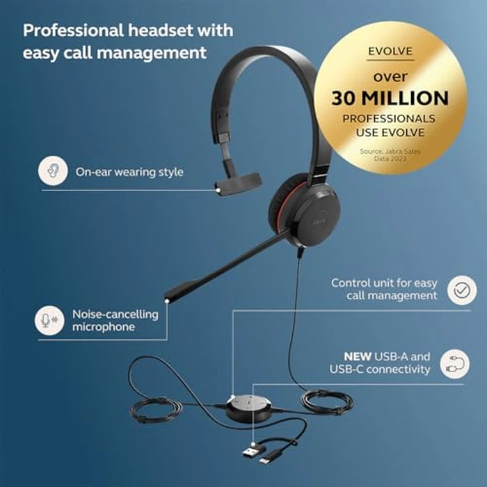 Jabra Evolve 20 SE Wired Single-Ear Headset with Microphone for Work, USB-A and USB-C Wired Headphones, Microsoft Teams Certified, Connects to Laptops, iPhone & Android Devices by Jabra - Image 2