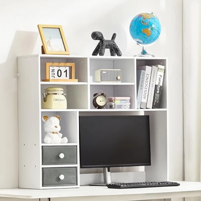 VEVOR Desktop Bookshelf, 3-Tier Desktop Storage Organizer, 37" x 10" x 31.1" Office Storage Rack Wood Display Shelf, Desktop Bookshelf Hutch with Two Fabric Drawers, for Office, Home & Dorm, White by VEVOR - Used - Good condition - CA$89.99