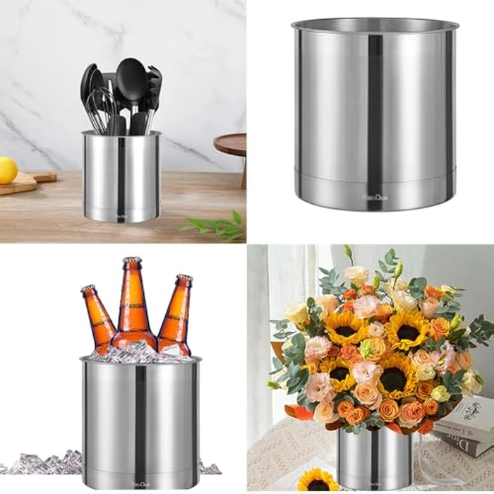 KSENDALO Stainless Steel Utensil Holder 7x7inch Large Utensil Holder for Countertop, Round Utensil Caddy for Spoons, Silverware, and Spatulas for Kitchen, Silver by KSENDALO - Image 3