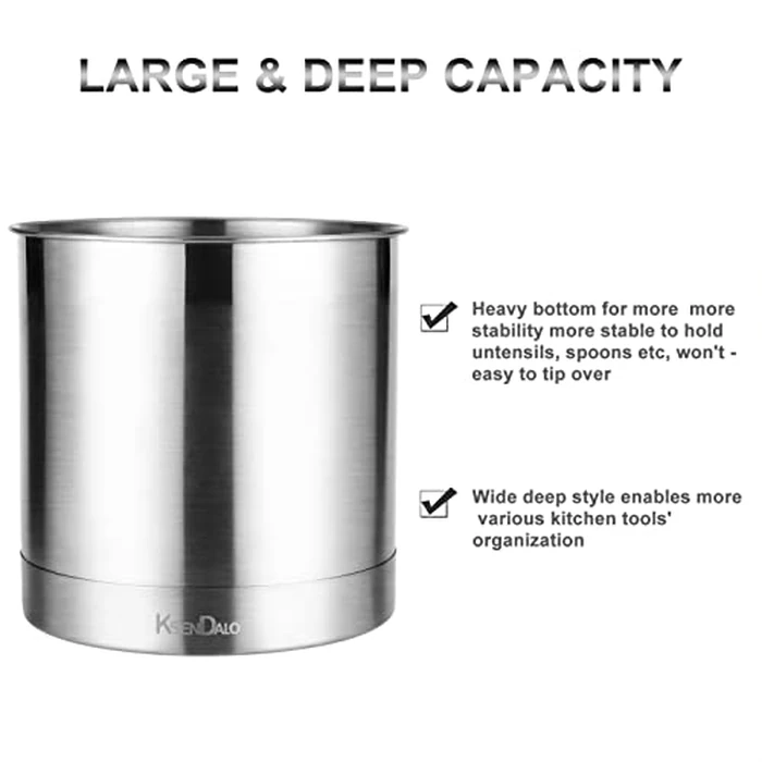 KSENDALO Stainless Steel Utensil Holder 7x7inch Large Utensil Holder for Countertop, Round Utensil Caddy for Spoons, Silverware, and Spatulas for Kitchen, Silver by KSENDALO - Image 5
