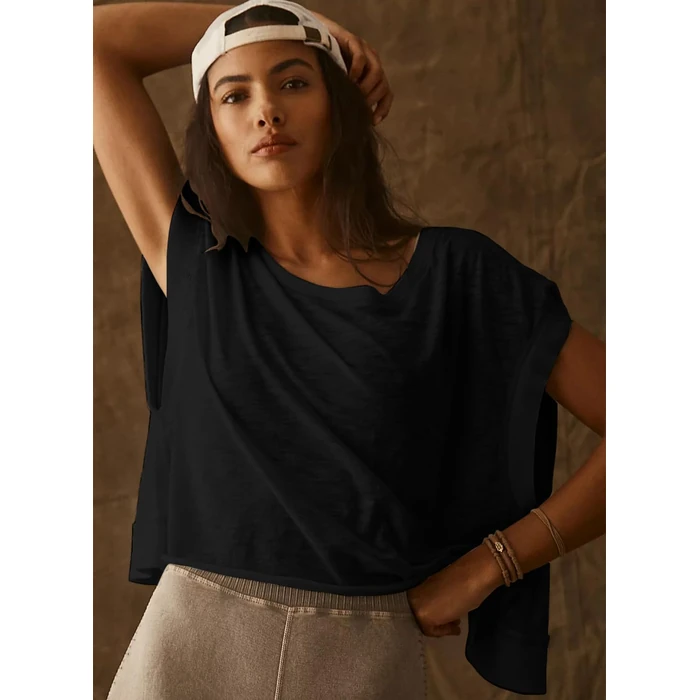 Kumufenc Women Short Sleeve Workout Shirts Open Back Tops Casual Yoga Y2k Athletic Gym Slouchy Crop Running Tees(Black,L) by Kumufenc - Image 1