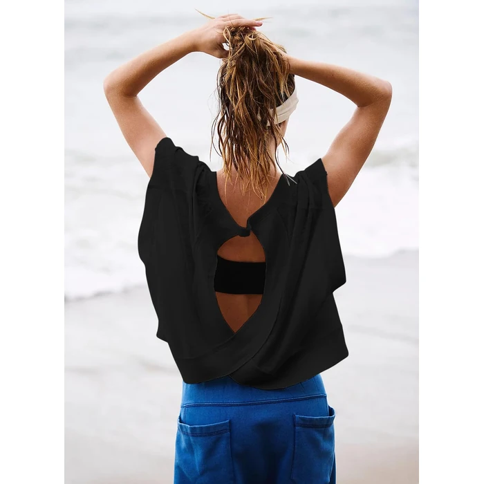 Kumufenc Women Short Sleeve Workout Shirts Open Back Tops Casual Yoga Y2k Athletic Gym Slouchy Crop Running Tees(Black,L) by Kumufenc - Image 4