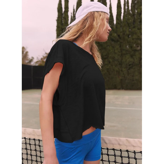 Kumufenc Women Short Sleeve Workout Shirts Open Back Tops Casual Yoga Y2k Athletic Gym Slouchy Crop Running Tees(Black,L) by Kumufenc - Image 6