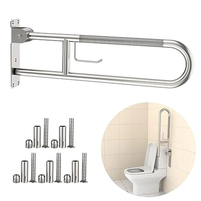 Toilet Grab Bar 30.3 Inch, YuanDe Brushed Nickel Anti-Slip Support Rail, U Shaped Flip-Up Grab Bar with Paper Holder, Stainless Steel Knurled Handicap Safety Handrails for Disabled Elderly Pregnant by YuanDe - Image 1