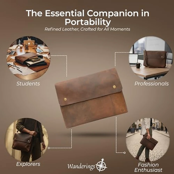 WANDERINGS Genuine Full Grain Leather Folder with Removable Strap - Handcrafted Folio Document Organizer - Leather Document Holder for Men and Women - Fits 15" 14" 13" Tablets and Laptops by WANDERINGS - Image 7