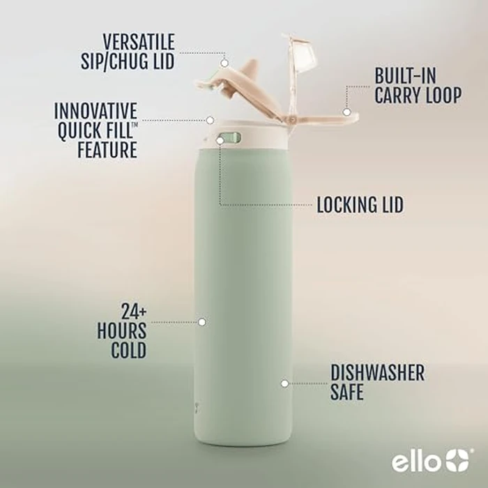 Ello Pop & Fill 32oz Stainless Steel Water Bottle with QuickFill Technology, Double Walled and Vacuum Insulated Metal, Leak Proof Locking Lid, Sip and Chug, Reusable, BPA Free, Pistachio by Ello - Image 2