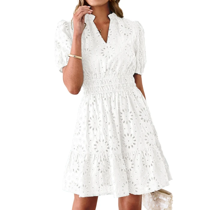 BerryGo Womens Summer Eyelet Mini Dress Beach Casual Embroidery Lace Puff Short Sleeve V Neck Boho Party Short Dresses(White,Medium) by BerryGo - Image 1