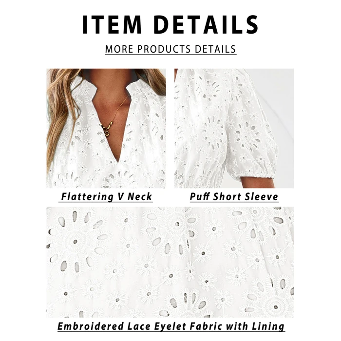 BerryGo Womens Summer Eyelet Mini Dress Beach Casual Embroidery Lace Puff Short Sleeve V Neck Boho Party Short Dresses(White,Medium) by BerryGo - Image 4