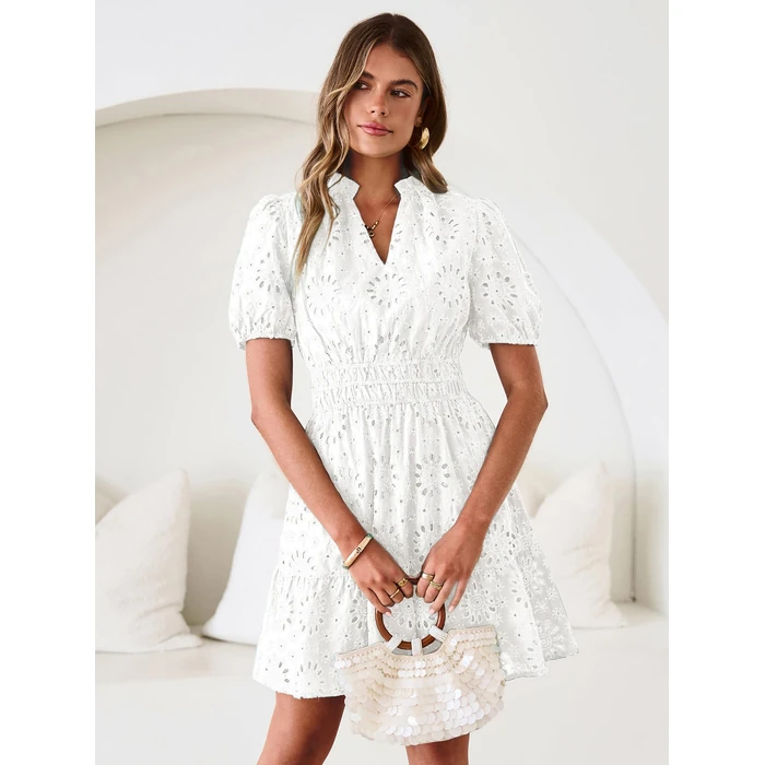 BerryGo Womens Summer Eyelet Mini Dress Beach Casual Embroidery Lace Puff Short Sleeve V Neck Boho Party Short Dresses(White,Medium) by BerryGo - Image 5