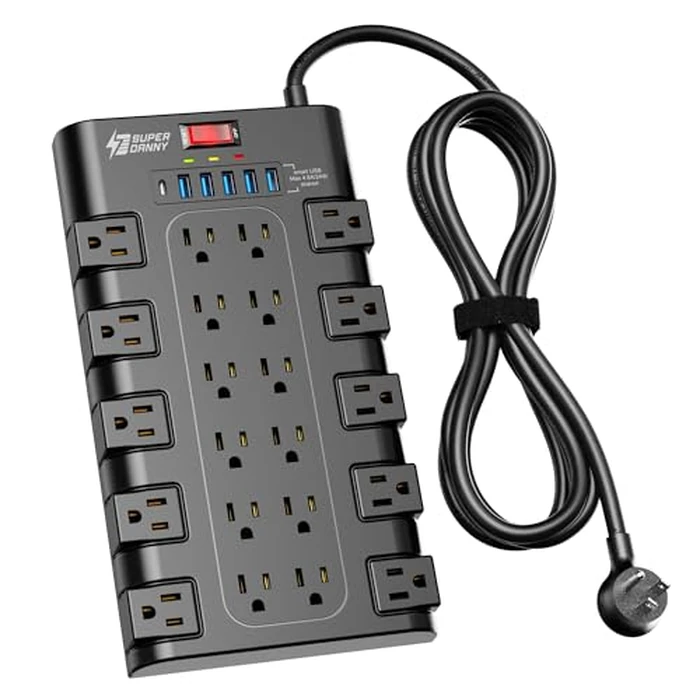 Power Strip, SUPERDANNY Surge Protector with 22 AC Outlets and 6 USB Charging Ports, 1875W/15A, 2100 Joules, 6.5Ft Flat Plug Heavy Duty Extension Cord for Home, Office, Dorm, Gaming Room, Black by SUPERDANNY - Used - Like New condition - US$25.25