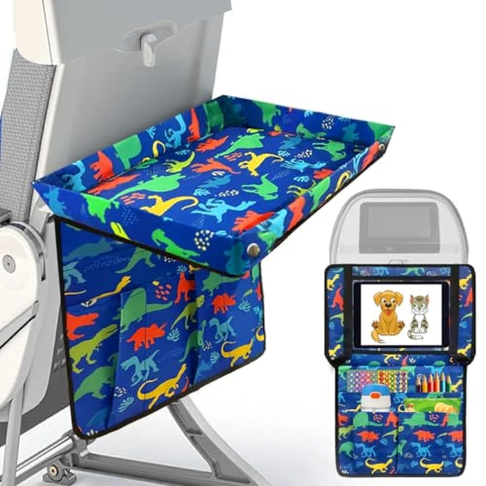 Adjustable Kids Tray Table Cover with Multi Portable Pockets, Airplane Travel Essentials for Kids, Toddlers, Adults, Airplane Must Haves, Plane Travel Essential, Travel Tray for Plane Train, Dinosaur by EpoBob - Image 1