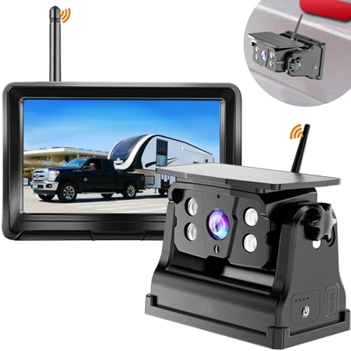 Wireless Backup Camera Solar Magnetic for RV Car Trailer Truck Camper 5th Wheels Hitch Towing No Wiring No Drilling Rechargeable Night Vision Portable Backup Camera with 5" 1080P HD 2-Split Monitor by DOUXURY - Image 1