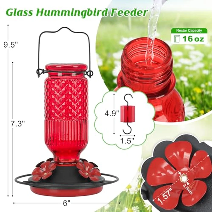 FEED GARDEN Glass Hummingbird Feeder, 16oz Outdoor Hanging Bird Feeder with Ant Moat, 4 Bee-Proof Feeding Ports, 360 degrees Perch, Leak-Proof, Red by FEED GARDEN - Image 1