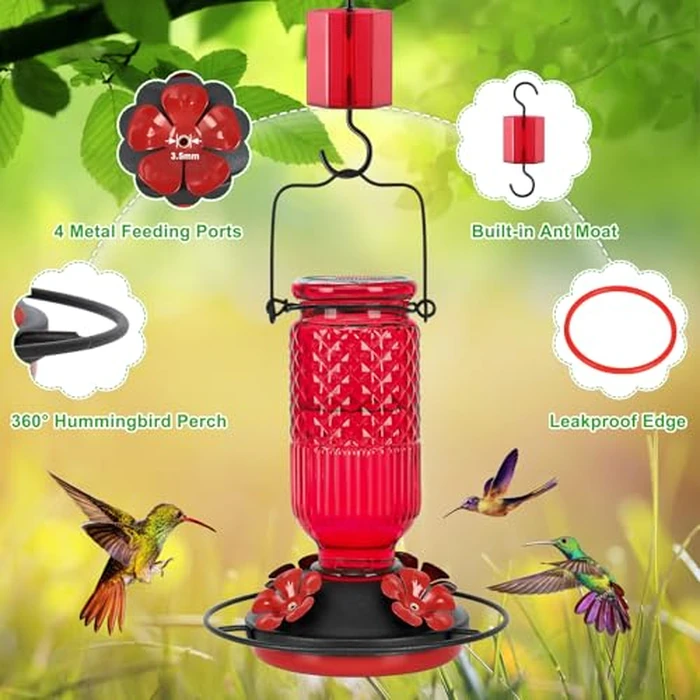 FEED GARDEN Glass Hummingbird Feeder, 16oz Outdoor Hanging Bird Feeder with Ant Moat, 4 Bee-Proof Feeding Ports, 360 degrees Perch, Leak-Proof, Red by FEED GARDEN - Image 3