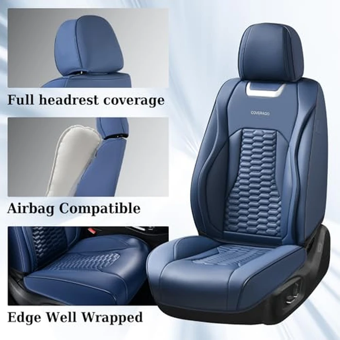 Coverado Car Seat Covers Full Set, 5 Seats Seat Covers for Cars, Nappa Leather Waterproof Car Seat Covers Automotive Seat Covers Interior Accessories Universal Fit Most Cars(Blue) by Coverado - Image 2