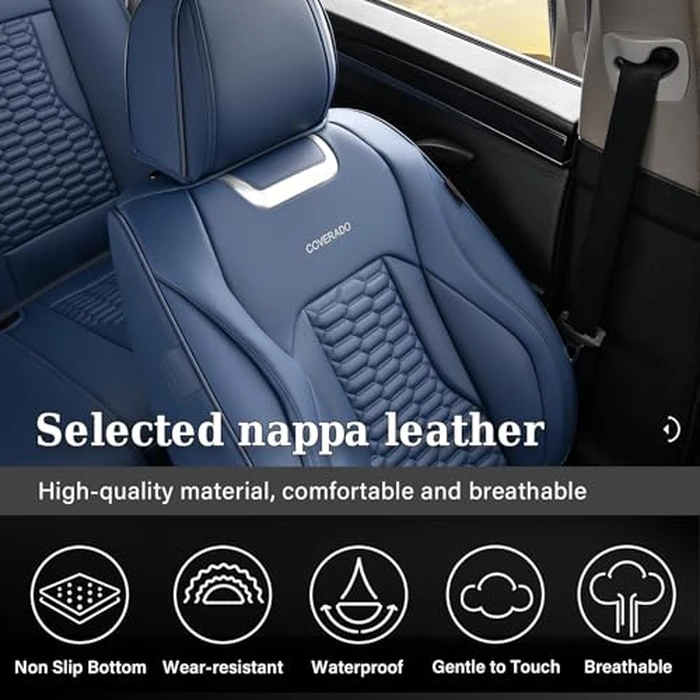 Coverado Car Seat Covers Full Set, 5 Seats Seat Covers for Cars, Nappa Leather Waterproof Car Seat Covers Automotive Seat Covers Interior Accessories Universal Fit Most Cars(Blue) by Coverado - Image 3