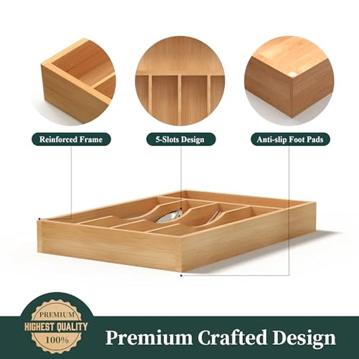 BEKVEM Silverware Organizer, Bamboo Kitchen Drawer Organizer, Utensil Holder, Cutlery Tray & Spoon Flatware Storage with Grooved Drawer Dividers (8.5''W x 13''D) by BEKVEM - Image 6