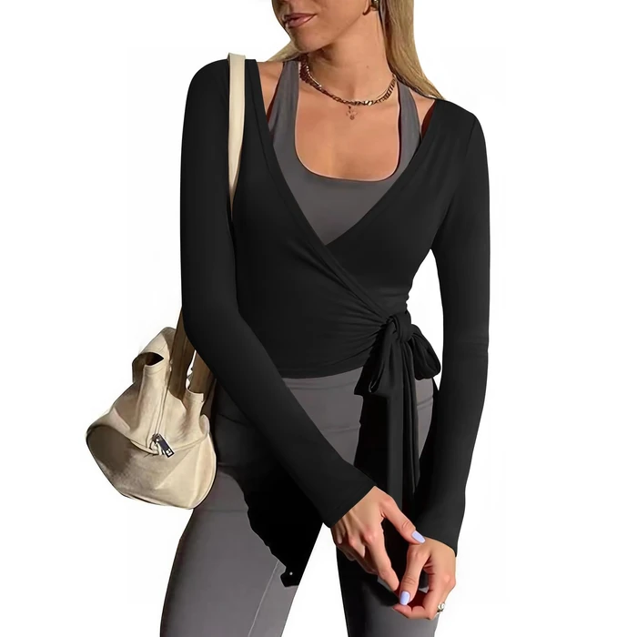 Yousify Womens Wrap Tie Tops Y2k Long Sleeve Ballet Pilates Yoga Workout Wrap Shirts Deep V Neck Casual Tops Black by Yousify - Used - Like New condition - US$13.87