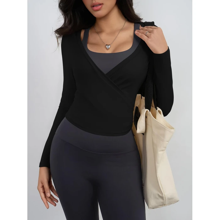 Yousify Womens Wrap Tie Tops Y2k Long Sleeve Ballet Pilates Yoga Workout Wrap Shirts Deep V Neck Casual Tops Black by Yousify - Image 5