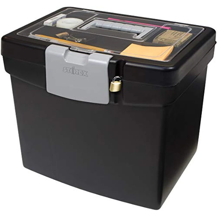 Storex Portable File Box with Organizer Lid - Plastic Office File Storage Box for Letter Paper and Hanging Folders, Obsidian, 1-Count (61504C01C) by Storex - Image 1