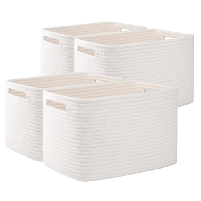 OIAHOMY 4 Pack Storage Baskets for Organizing, Rectangle Cube Storage Bins for Shelves, Woven Baskets With Handles, 12.7''Lx9''Wx7.8''H, White by OIAHOMY - Used - Very Good condition