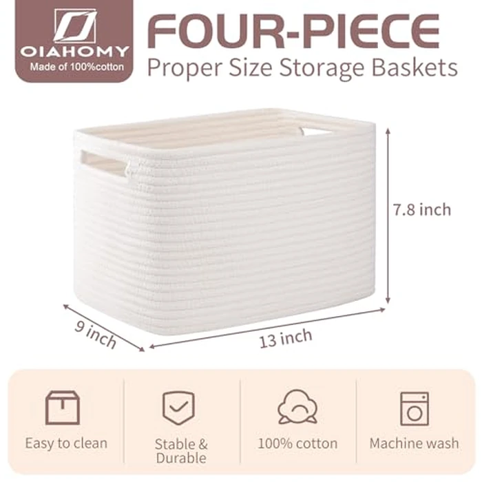 OIAHOMY 4 Pack Storage Baskets for Organizing, Rectangle Cube Storage Bins for Shelves, Woven Baskets With Handles, 12.7''Lx9''Wx7.8''H, White by OIAHOMY - Image 2
