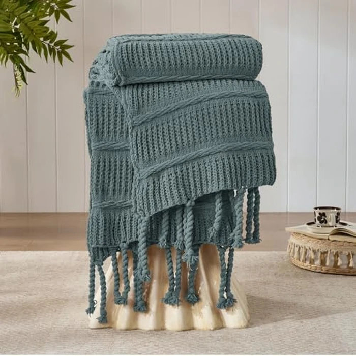 Boho Knitted Chenille Blanket with Tassels - Lightweight & Soft All-Season Throw - 3D Classic Pattern for Living Room Bedroom Couch, Blue, Twin by DOWN HOME - Used - Very Good condition