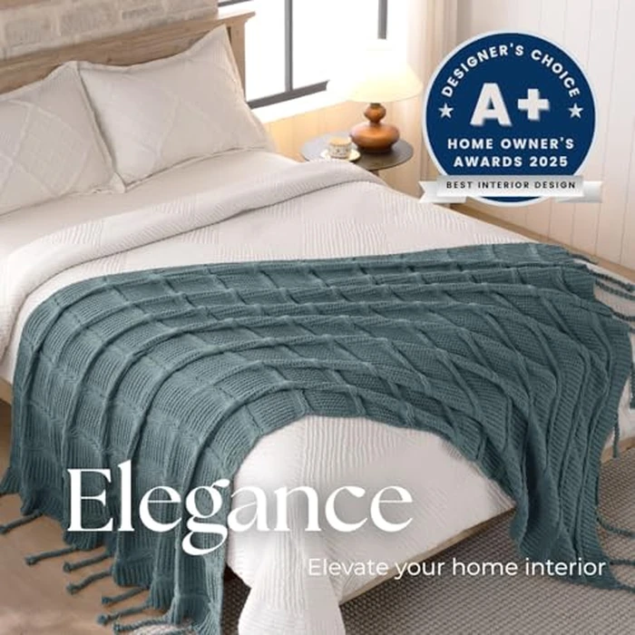 Boho Knitted Chenille Blanket with Tassels - Lightweight & Soft All-Season Throw - 3D Classic Pattern for Living Room Bedroom Couch, Blue, Twin by DOWN HOME - Image 2
