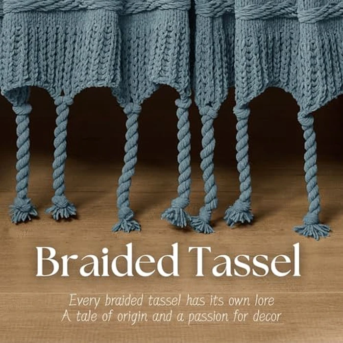 Boho Knitted Chenille Blanket with Tassels - Lightweight & Soft All-Season Throw - 3D Classic Pattern for Living Room Bedroom Couch, Blue, Twin by DOWN HOME - Image 5