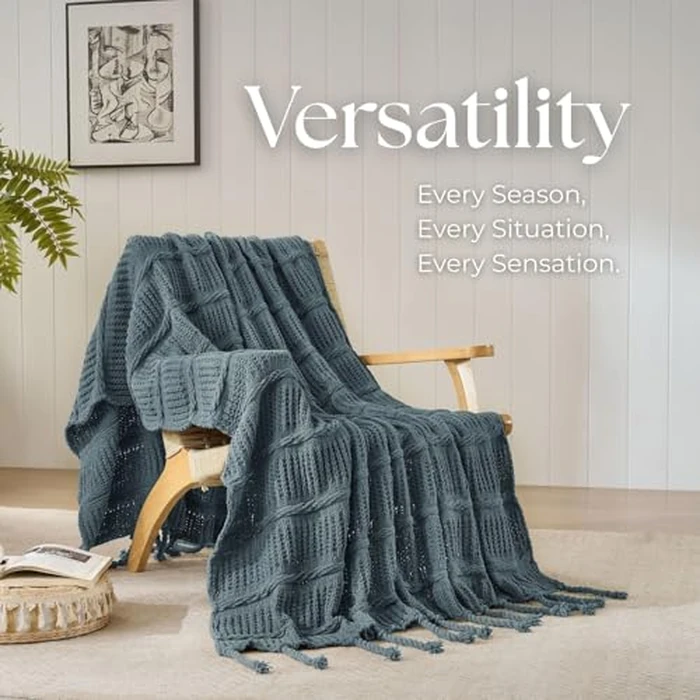 Boho Knitted Chenille Blanket with Tassels - Lightweight & Soft All-Season Throw - 3D Classic Pattern for Living Room Bedroom Couch, Blue, Twin by DOWN HOME - Image 6