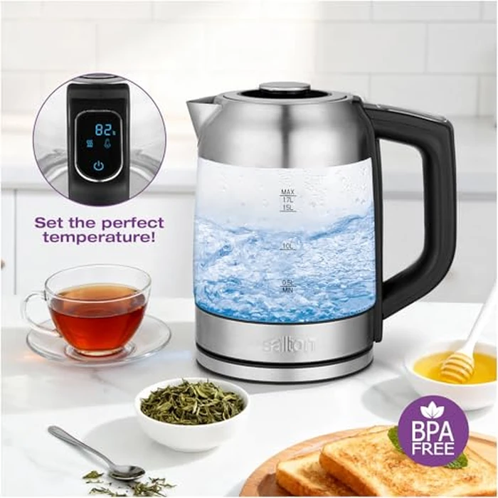 Salton Temperature Control Glass Kettle - 1.7 L | 7 Temperature Settings (104 degreesF-212 degreesF / 40 degreesC-100 degreesC) | Bonus Tea Steeper | LED Colour Change | Keep Warm Function | 360 degrees Swivel Base | Proudly Canadian by Salton - Image 3