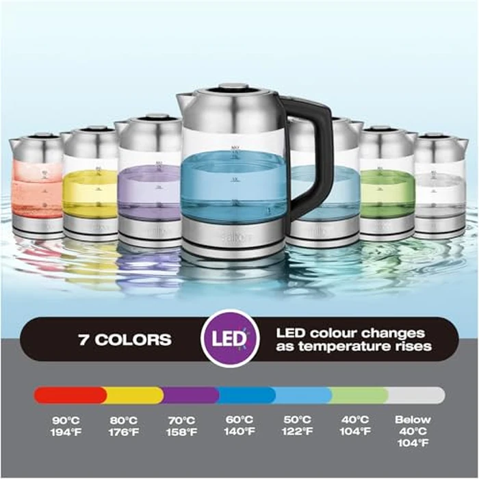 Salton Temperature Control Glass Kettle - 1.7 L | 7 Temperature Settings (104 degreesF-212 degreesF / 40 degreesC-100 degreesC) | Bonus Tea Steeper | LED Colour Change | Keep Warm Function | 360 degrees Swivel Base | Proudly Canadian by Salton - Image 4