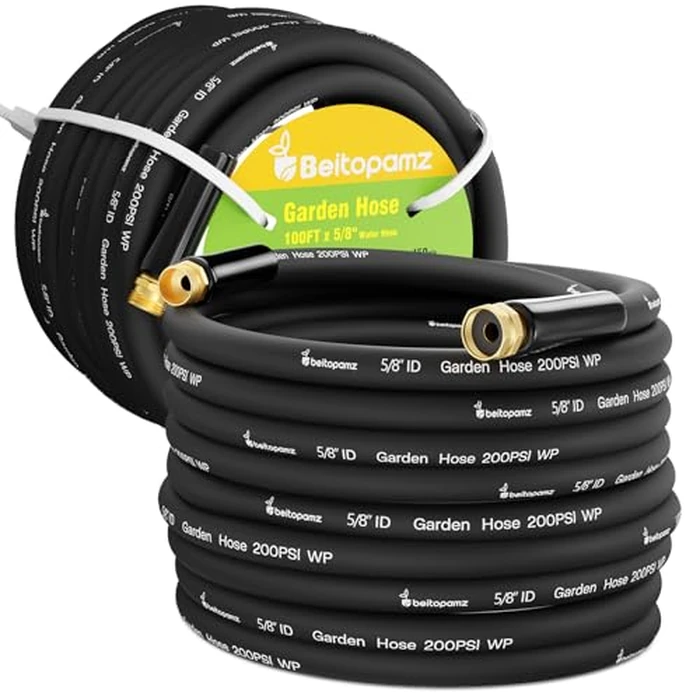 Beitopamz 200 ft Garden Hose, 5/8 in Heavy Duty Water Hose, Flexible and Durable, Lightweight Rubber Hybrid Hose, Leak-Free Connections, Male to Female 3/4'' Brass Fittings for Patio, Lawn, Black by beitopamz - Used - Very Good condition