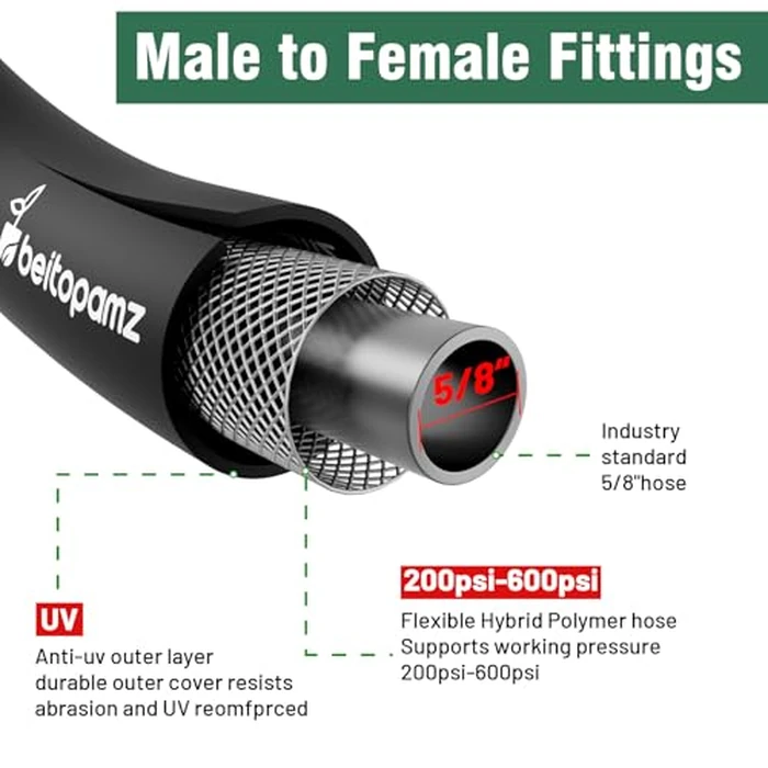 Beitopamz 200 ft Garden Hose, 5/8 in Heavy Duty Water Hose, Flexible and Durable, Lightweight Rubber Hybrid Hose, Leak-Free Connections, Male to Female 3/4'' Brass Fittings for Patio, Lawn, Black by beitopamz - Image 2