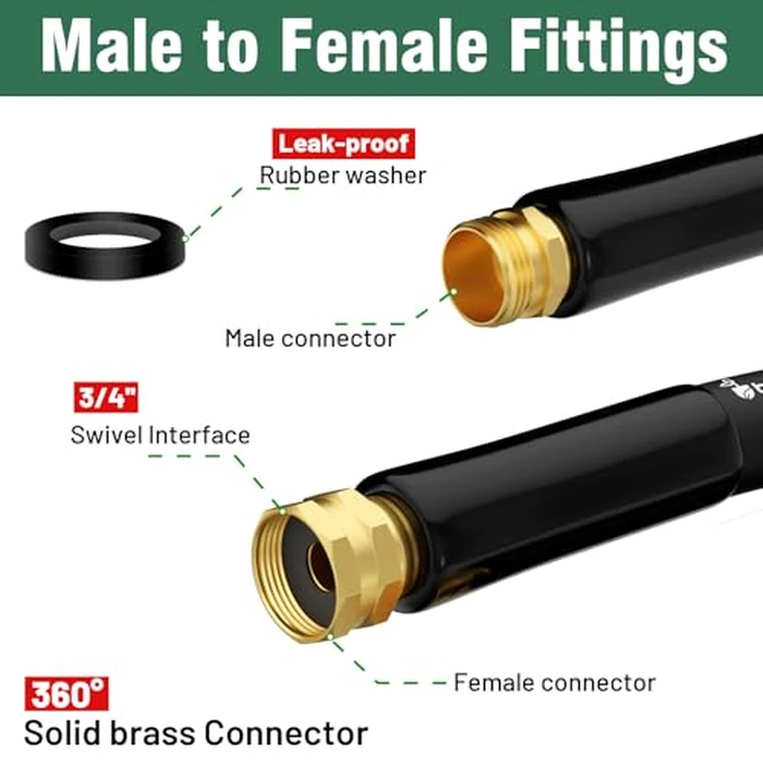 Beitopamz 200 ft Garden Hose, 5/8 in Heavy Duty Water Hose, Flexible and Durable, Lightweight Rubber Hybrid Hose, Leak-Free Connections, Male to Female 3/4'' Brass Fittings for Patio, Lawn, Black by beitopamz - Image 3