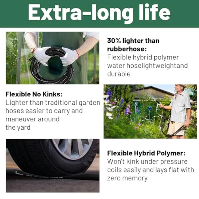 Beitopamz 200 ft Garden Hose, 5/8 in Heavy Duty Water Hose, Flexible and Durable, Lightweight Rubber Hybrid Hose, Leak-Free Connections, Male to Female 3/4'' Brass Fittings for Patio, Lawn, Black by beitopamz - Image 6