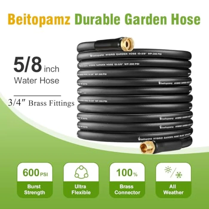 Beitopamz 200 ft Garden Hose, 5/8 in Heavy Duty Water Hose, Flexible and Durable, Lightweight Rubber Hybrid Hose, Leak-Free Connections, Male to Female 3/4'' Brass Fittings for Patio, Lawn, Black by beitopamz - Image 7