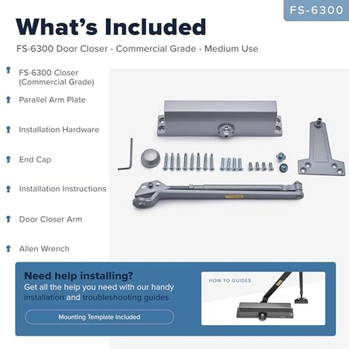 Door Closer Lightweight Commercial Door Closer FS-6300, Size 4, w/Fitting Template - Regular, Top Jamb or Parallel Installation (Silver) by FORTSTRONG - Image 7