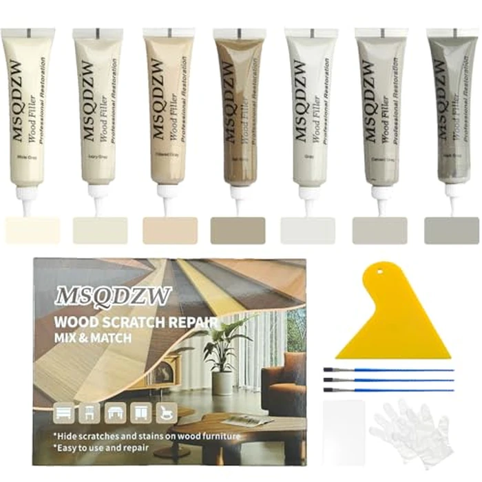 Wood Repair Kit, 13Pcs Wood Fillers, Furniture Repair Kit Scratch Cover for Wood Cracks, Stains, Discoloration for Furniture, Table, Door, Cabinet, Floor Wood Touch Up Wood Stain Paint, Gray by MSQDZW - Used - Like New condition - US$12.94
