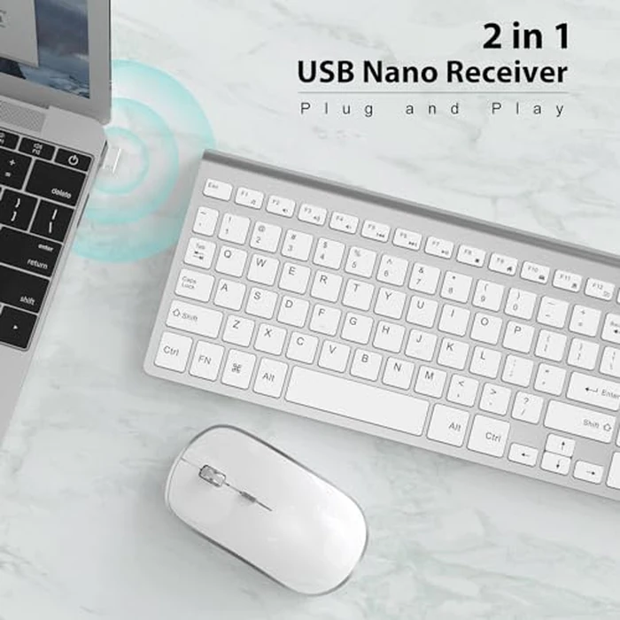 J JOYACCESS Wireless Keyboard and Mouse, Slim Wireless Keyboard Mouse with Numeric Keypad Compatible with iMac Mac PC Laptop Tablet Computer Windows (Silver White) by JOYACCESS - Image 2