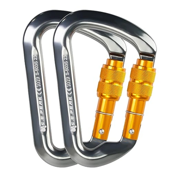 SEPEAK UIAA CE 30kN Locking Climbing Carabiner, Professional Heavy Duty Screwgate Clip for Outdoor Climbing, Mountaineering, Rappelling, Camping, Hiking, Large D Carabiner Hook/6744lb,2pc,Gold by S.E.PEAK - Used - Very Good condition
