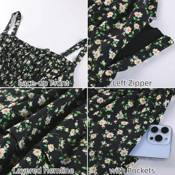 Scarlet Darkness Floral Mini Corset Dress for Women Teen 2026 Summer Spring Flowy A-Line Sundress with Pockets Black Yellow Floral S by Scarlet Darkness - Image 7