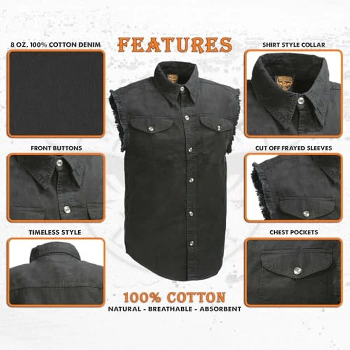 Milwaukee Leather DM1002 Men's Black Lightweight Denim Shirt with Frayed Cut Off Sleeveless - Medium by Milwaukee Leather - Image 2